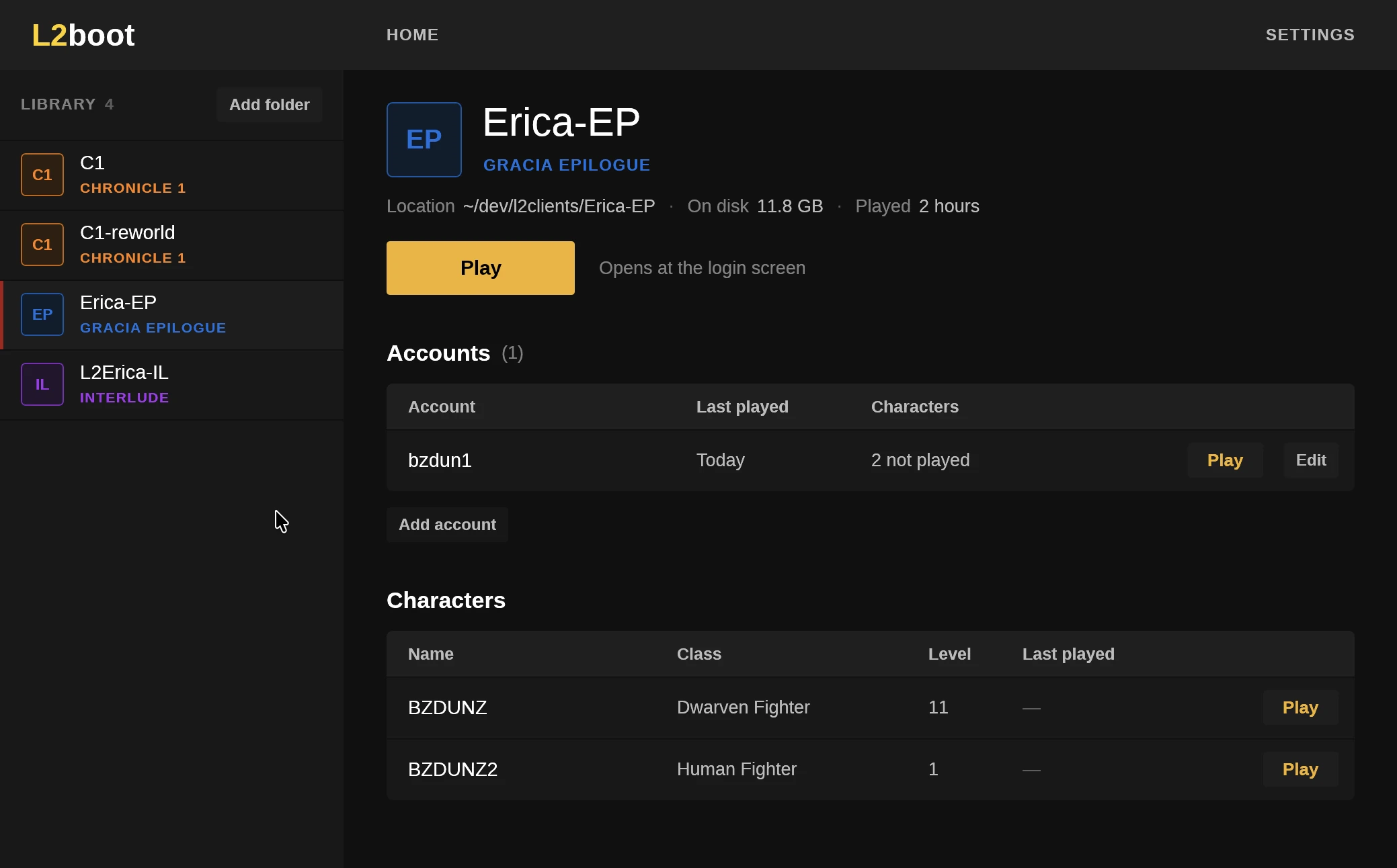 L2boot with four clients in the library and a Gracia Epilogue client open, showing its accounts and characters.